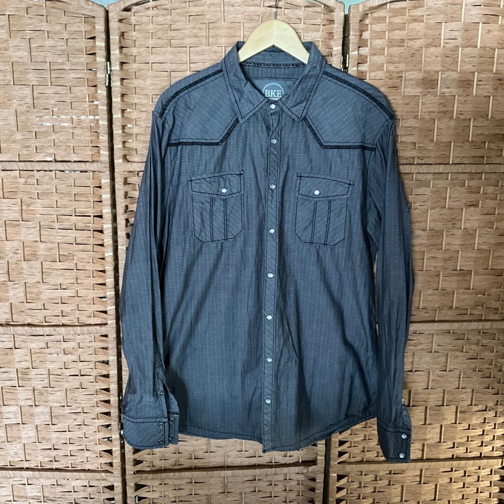 Buckle BKE Mens Gray Long Sleeve‎ Western Shirt Standard Fit XL Pearl Snaps